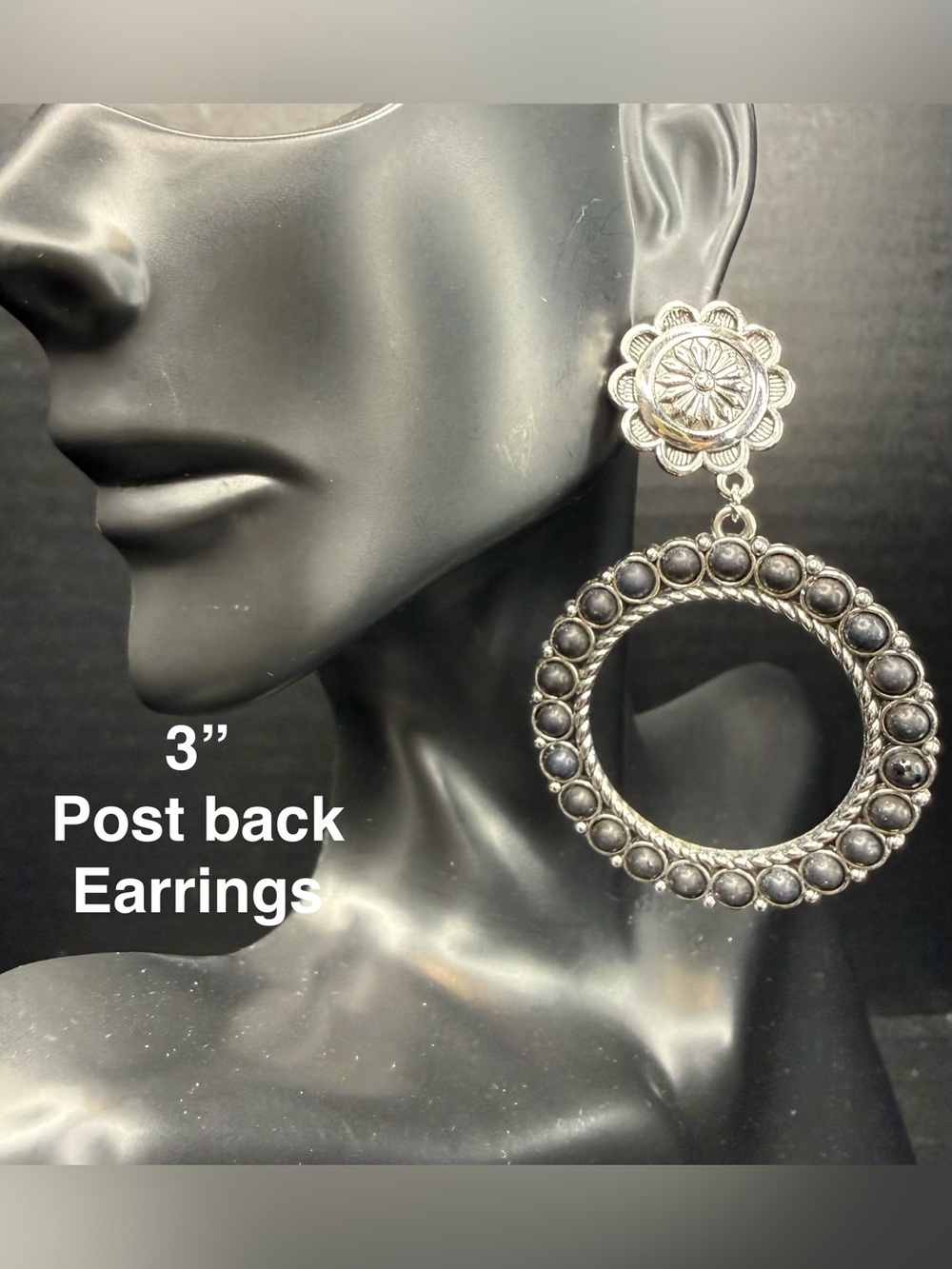 Silver Floral Post Hoop Earrings with Dark Gray Bead Accents